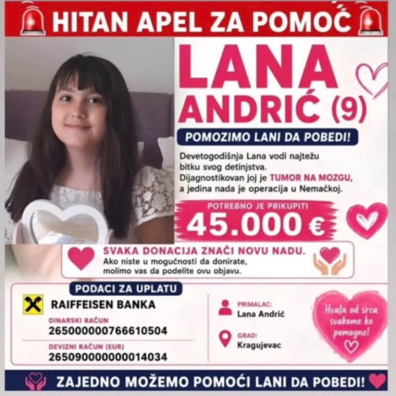Лана Андрић 11. августа путује на лечење – потребно 45.000 евра